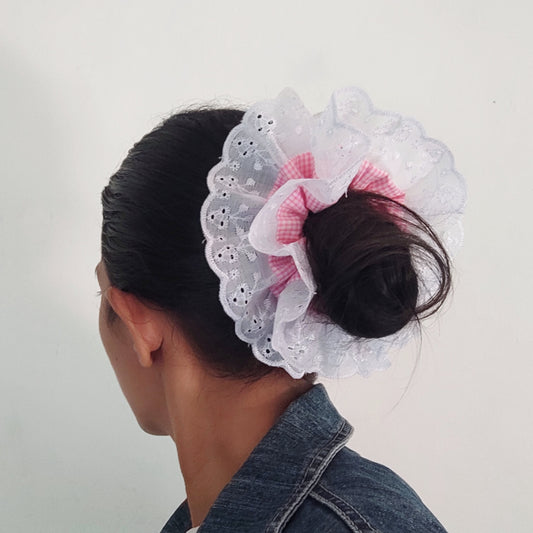 Double layer Lace Scrunchies, Pink French Lace Frill Scrunchie, Double Layer Broderie Anglaise, XXL Giant Scrunchies, Mini Check Gingham